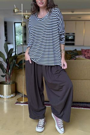 Made in Italy Perfect Breton V Long Sleeve Top Dark Brown - ** 